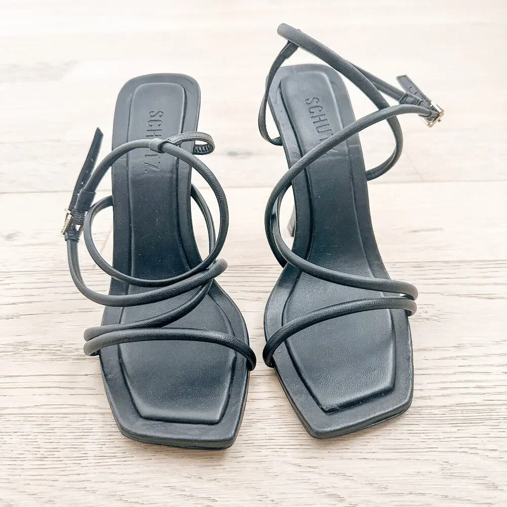 Schutz Lovi Strappy Leather Heel Sandals Black 9.5B Minimal 90s Party Glam Luxe‎ - Picture 6 of 11